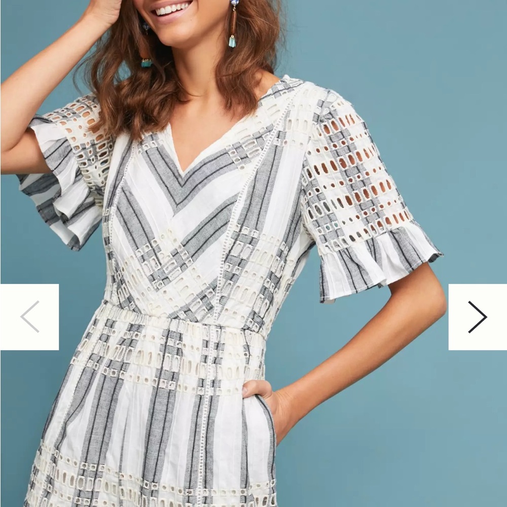 Anthropologie Black and White striped Eyelet Romper sold out at store size 8